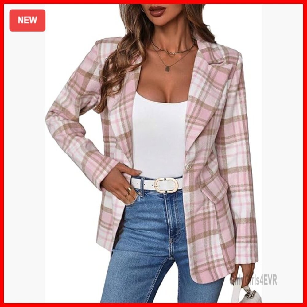 Women's Flannel Plaid Blazer Lightweight Slim Fit Fully Lined Casual Work